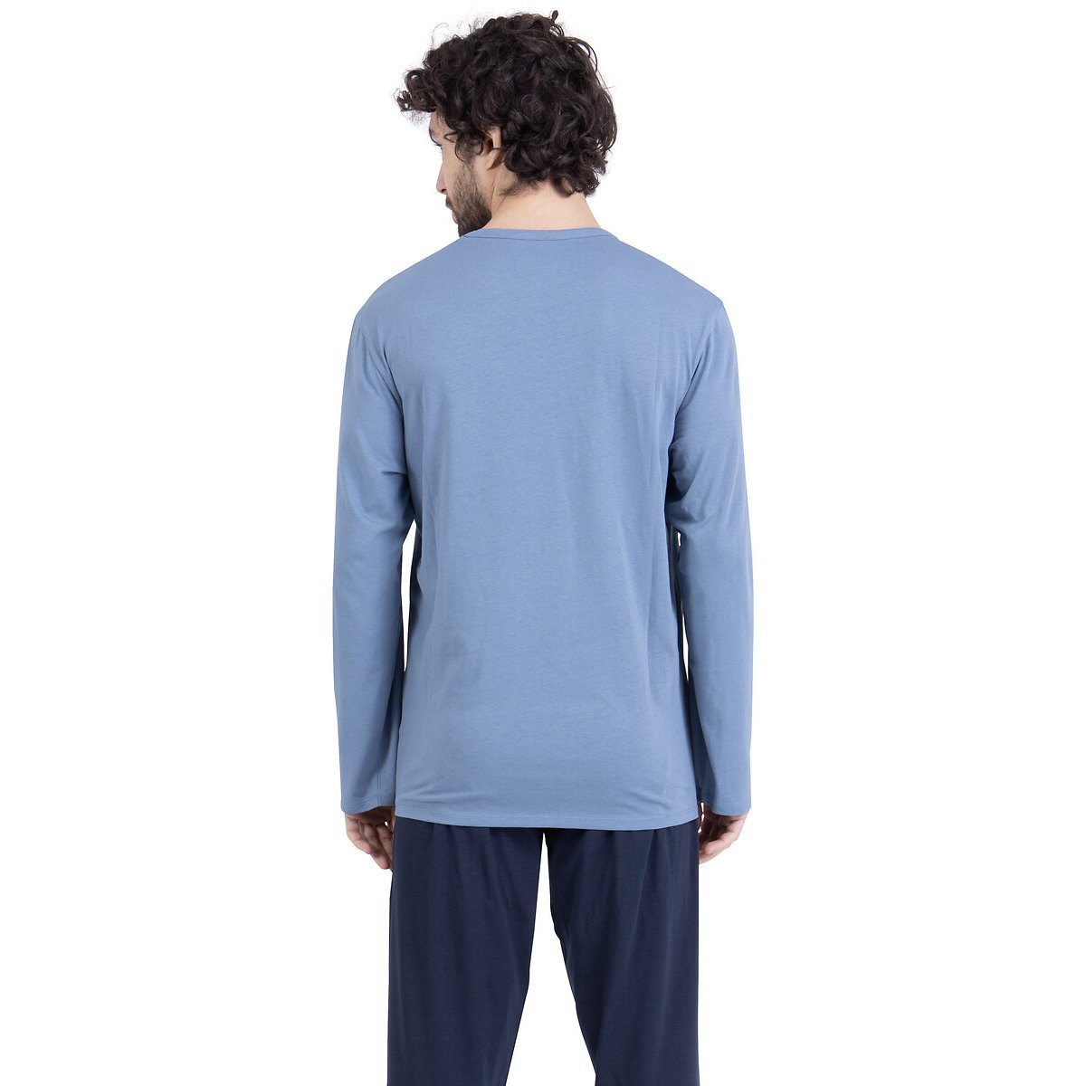 Pigiama lungo in cotone, con collo aperto blu/marine, ATHENA