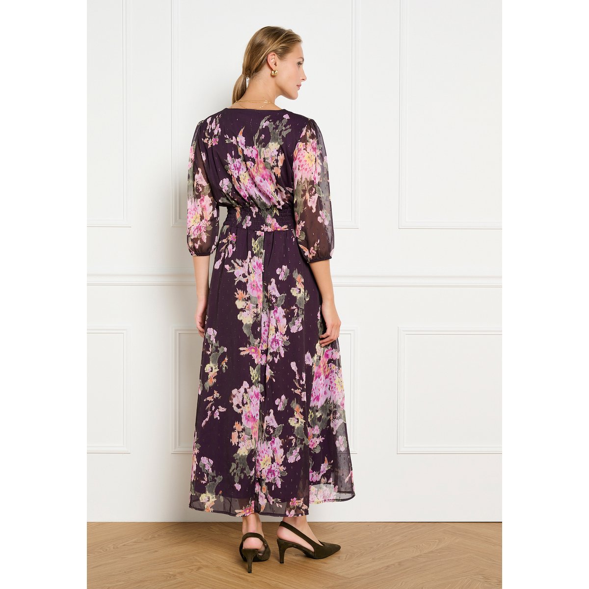 Robe maxi cache-coeur fleurie aubergine, LOLALIZA