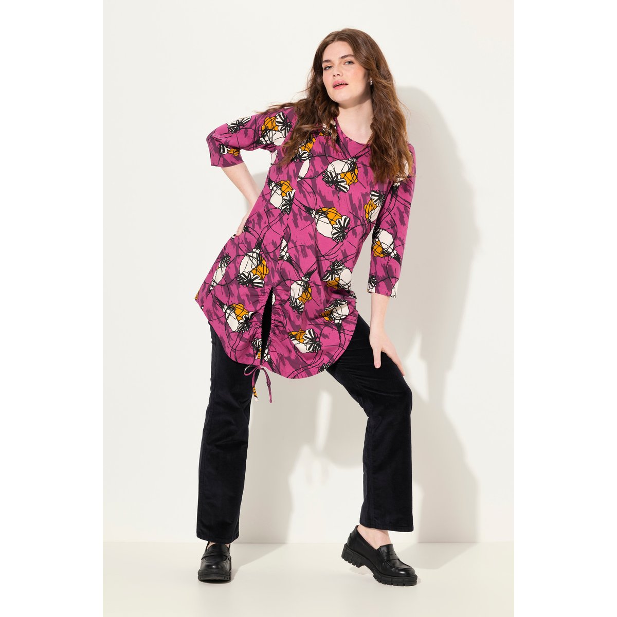 T-shirt long en coton bio. Col rond fuchsia, ULLA POPKEN
