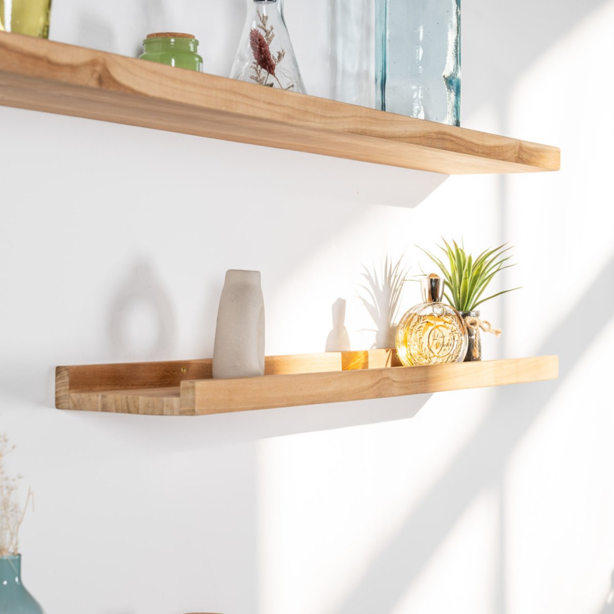 Tablette étagère Helvine salle de bain en teck massif 90cm naturel, WANDA COLLECTION