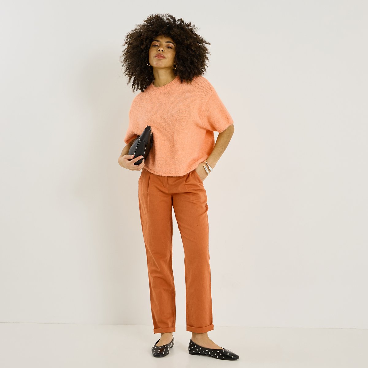 Pantalon à plis en lin mélangé orange, GRAIN DE MALICE