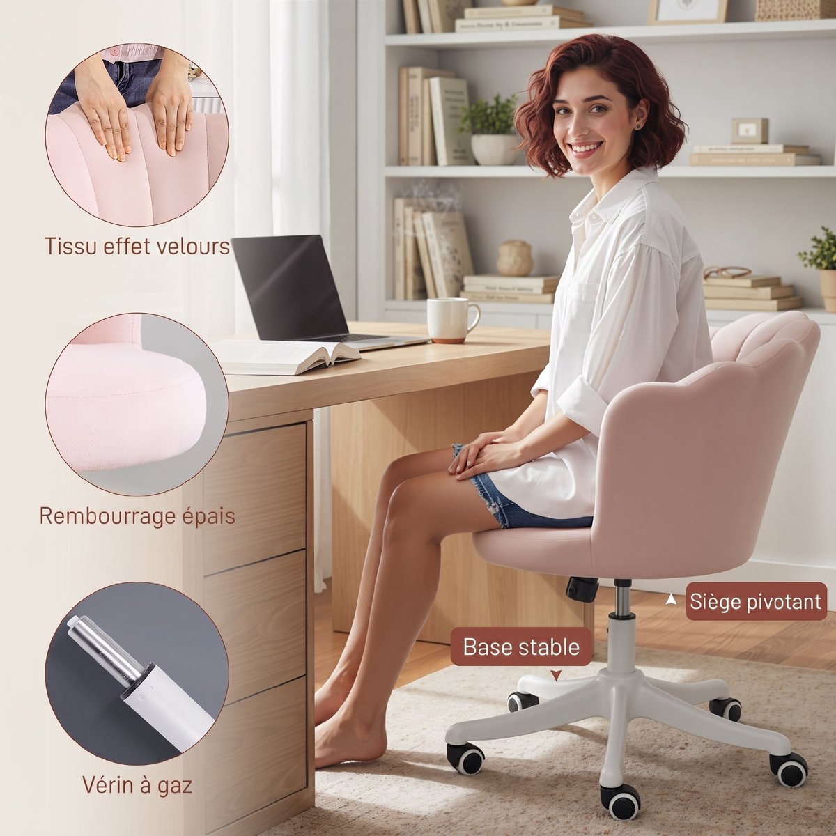 Chaise de bureau Velours (100% polyester) rose et blanc, HOMCOM