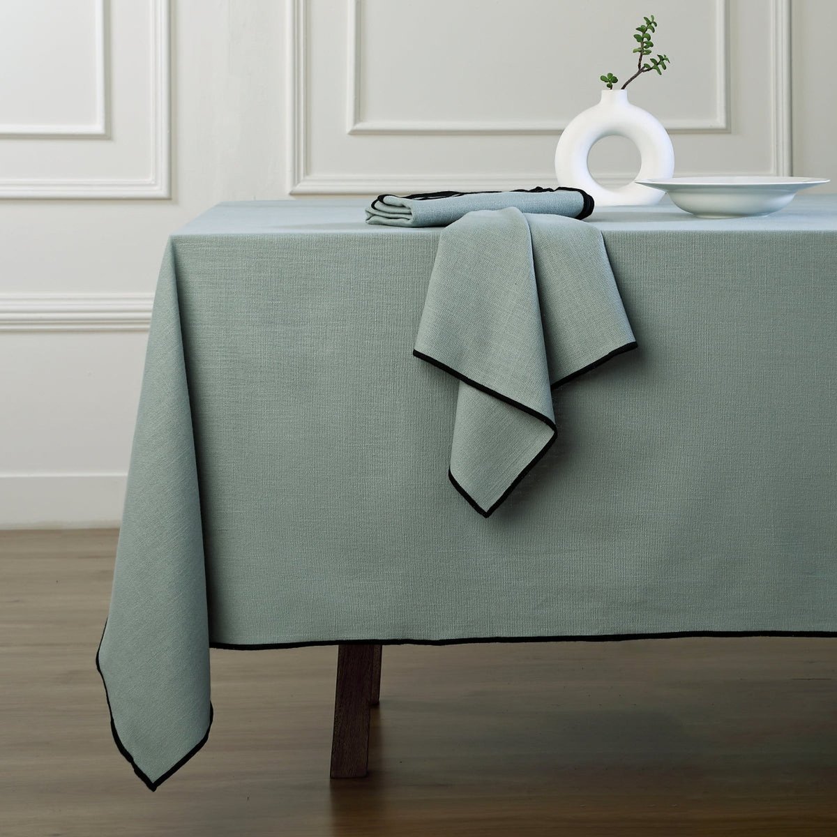 Lot de 4 serviettes de table toile de coton JULES vert céladon / noir, FEBRONIE