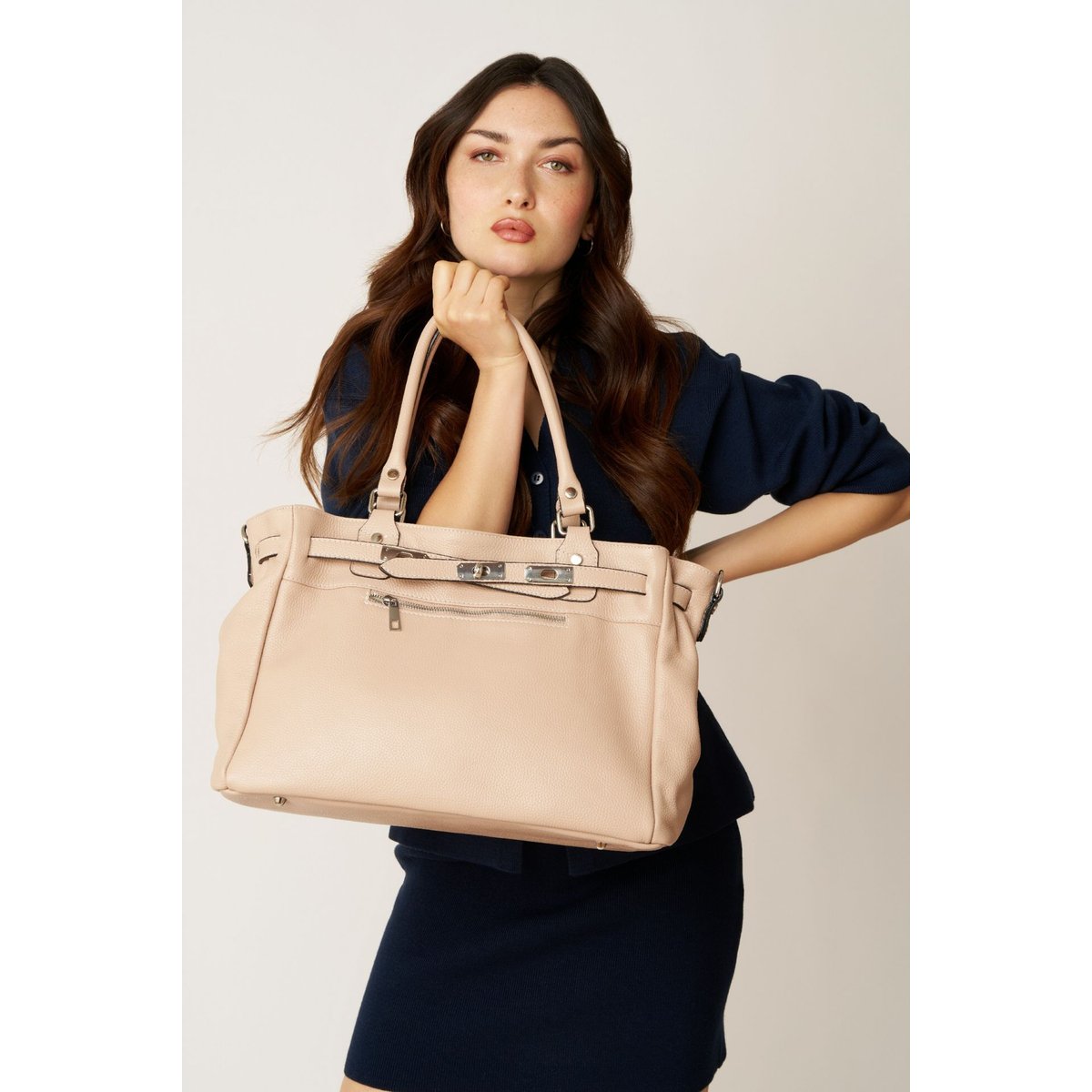 Sac cabas en cuir grainé JANET SILVER rose nude, OH MY BAG