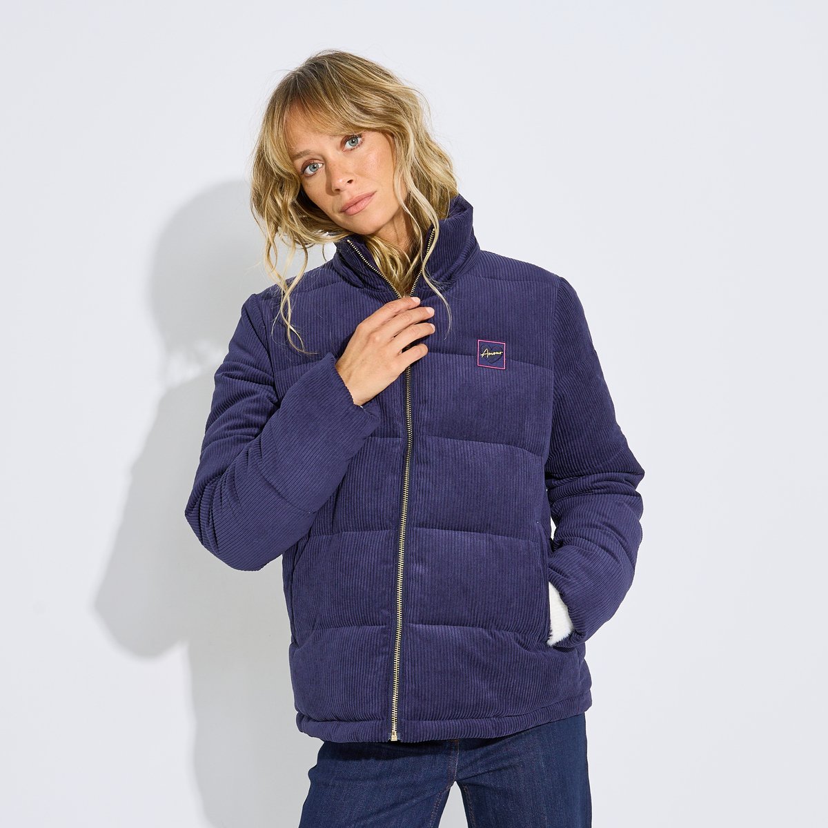Doudoune courte velours bleu marine, GRAIN DE MALICE