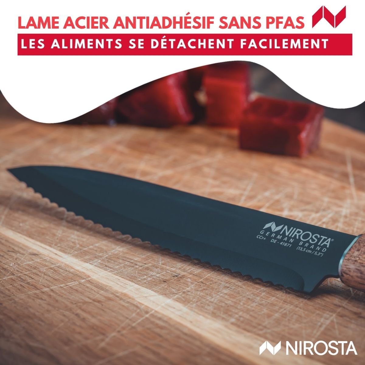 Couteau de cuisine lame crantée 24 cm FLOW bois,noir, NIROSTA
