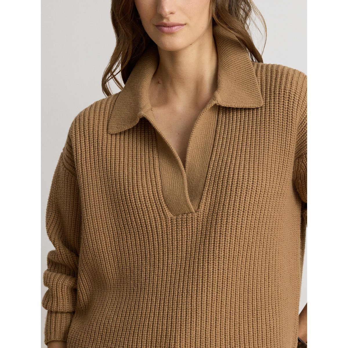 Pull col polo manches longues côtelé camel, LAUREN RALPH LAUREN