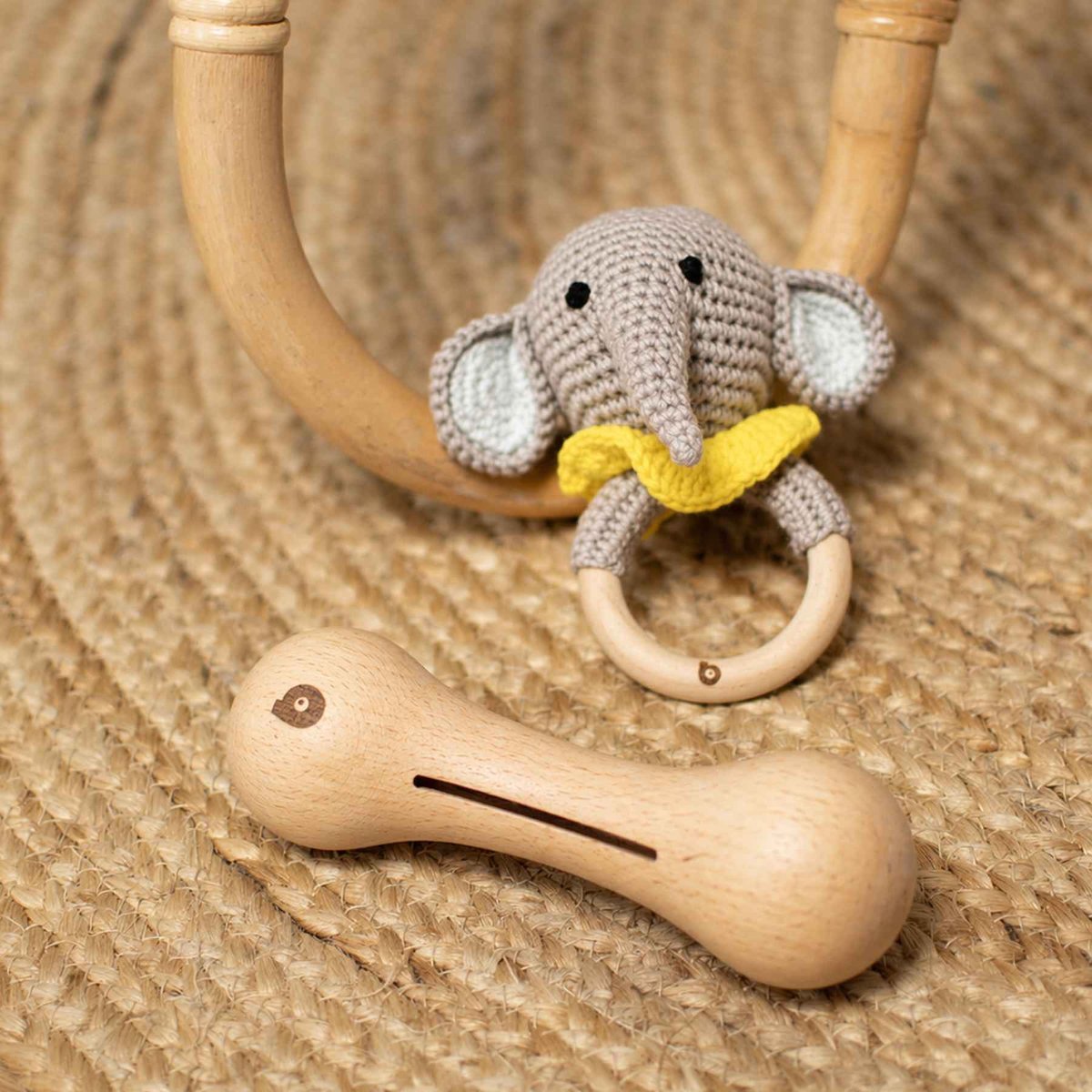 Coffret de 3 hochets en coton et bois naturel SENSO elephant, SEVIRA KIDS