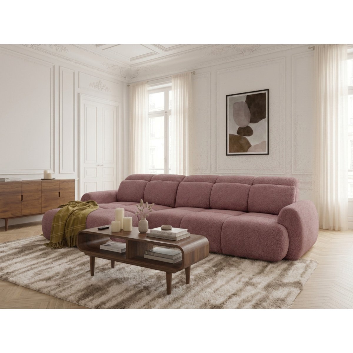 Canapé d'angle convertible 3 places en tissu chenille, RUBY rouge, BOBOCHIC