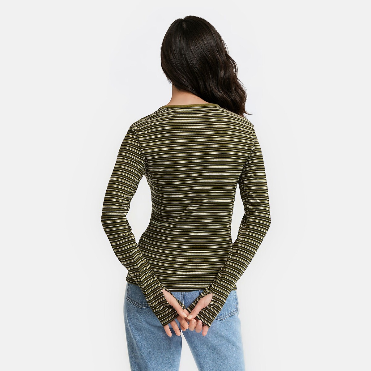 Striped Ribbed Mitten Detail T-Shirt green striped, LA REDOUTE COLLECTIONS
