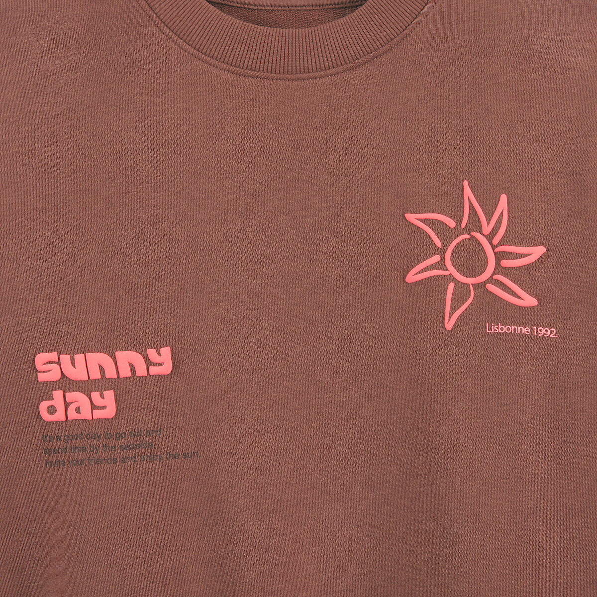 Sweatshirt mit Rundhalsausschnitt, aus Molton, mit Sonnenmotiv und Botschaft braun, LA REDOUTE COLLECTIONS