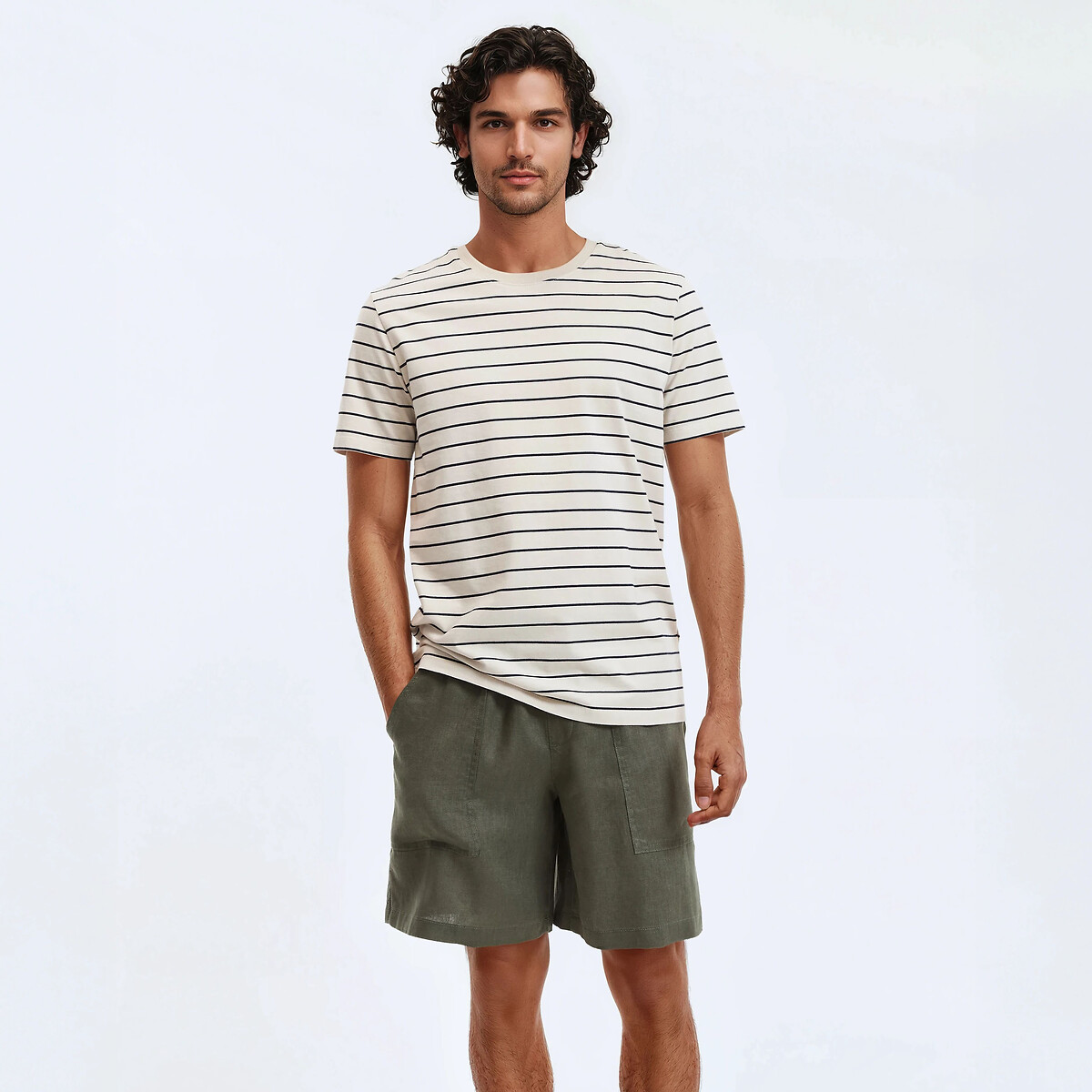 Gestreept T-shirt met ronde hals en korte mouwen beige/blauwe strepen, LA REDOUTE COLLECTIONS