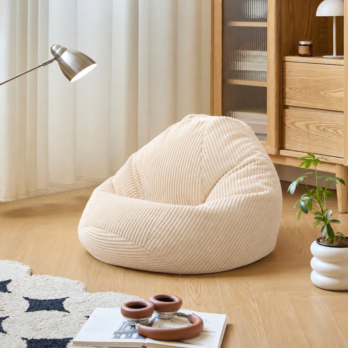 Pouf de salon, velours côtelé, FLOBY beige, NORDLYS