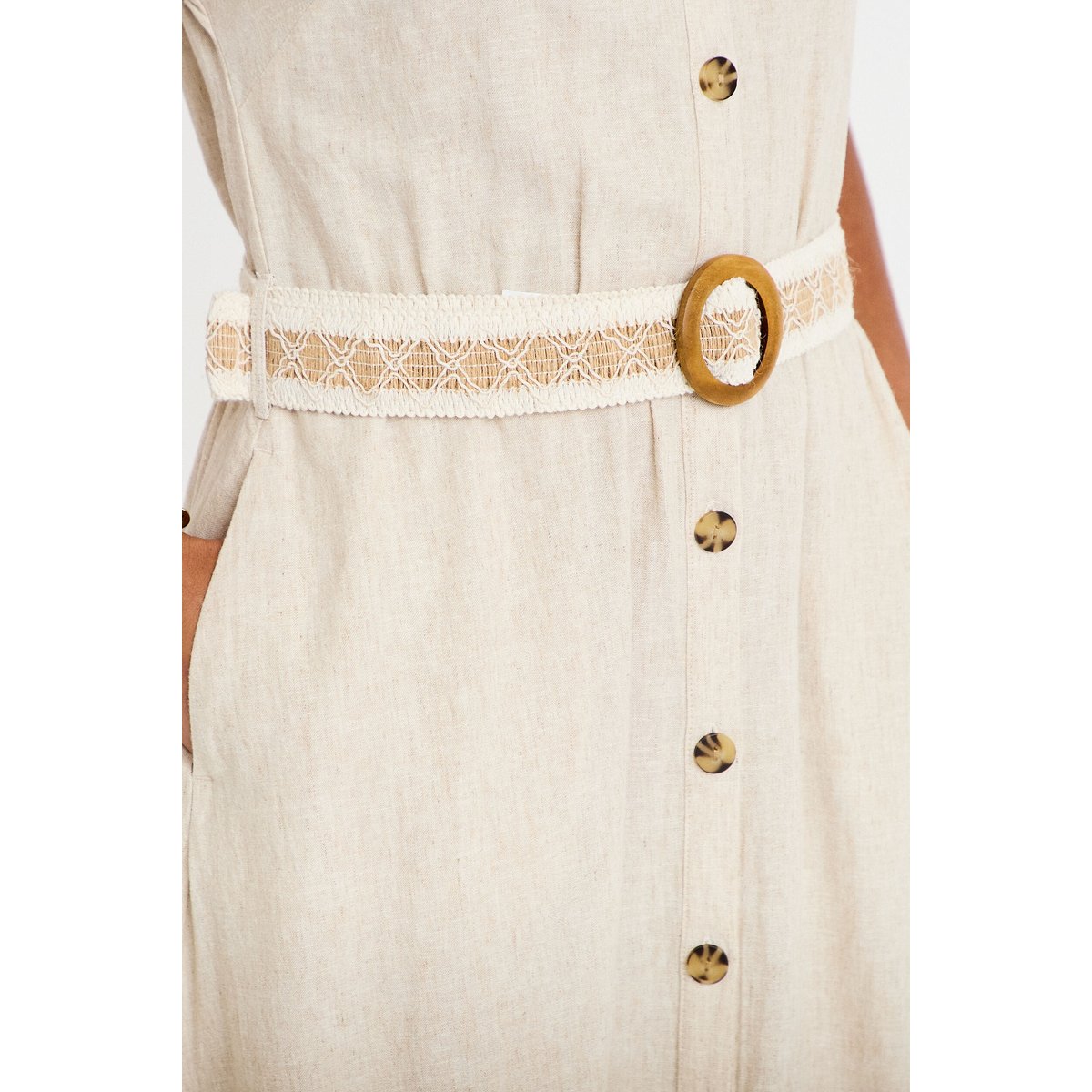 Robe évasée 3/4 col chemise ceinture beige, CACHE CACHE