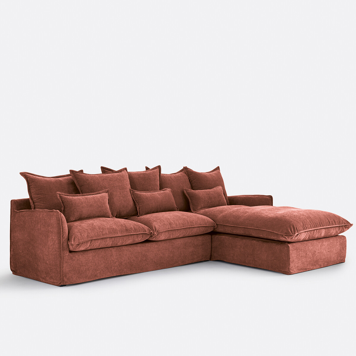 Hoekbank rechts, omvormbaar, met afneembare hoezen, 4-zits, in gemêleerd polyester, ODNA roze steenrood, LA REDOUTE INTERIEURS