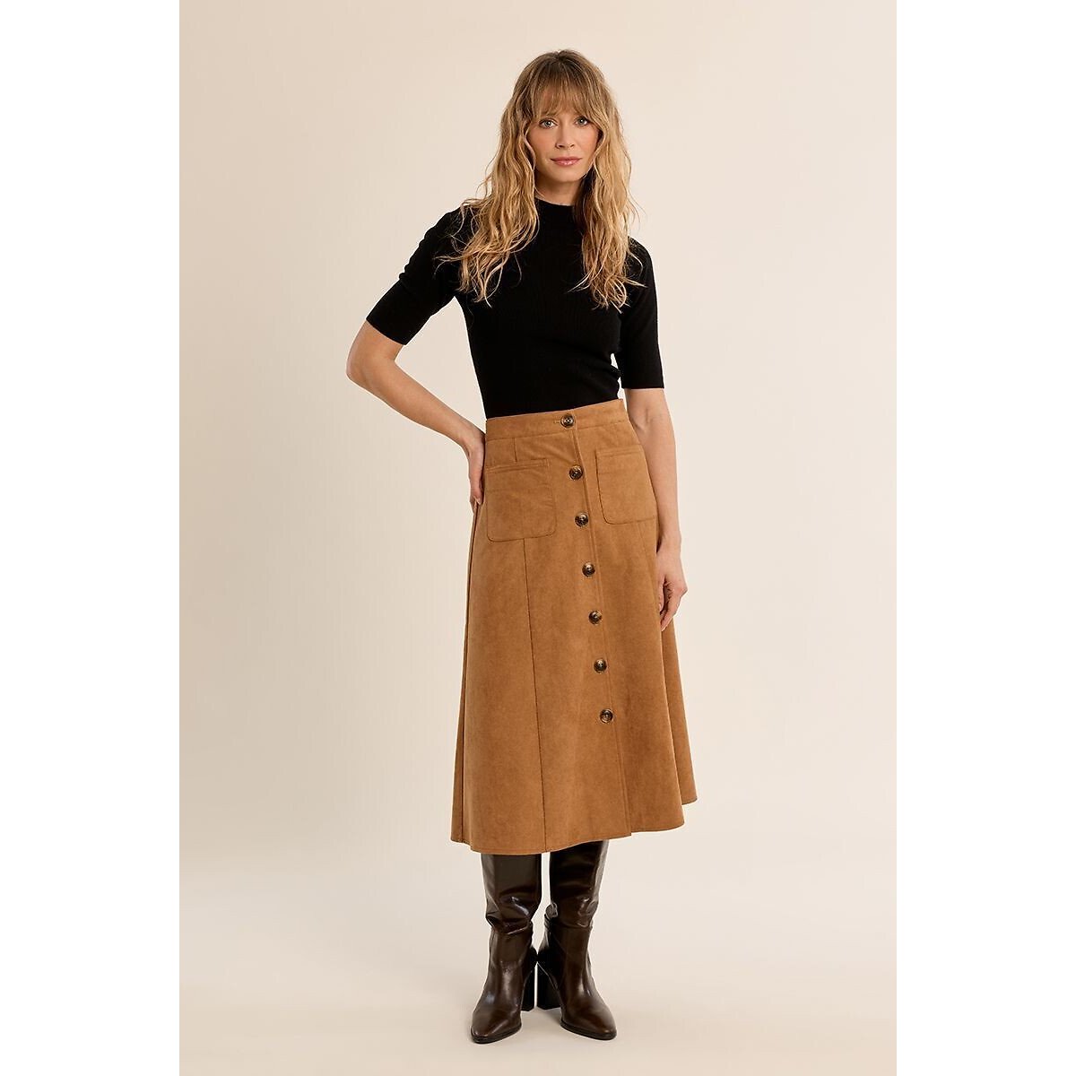 Jupe mi-longue boutonnée en suédine camel, MOLLY BRACKEN