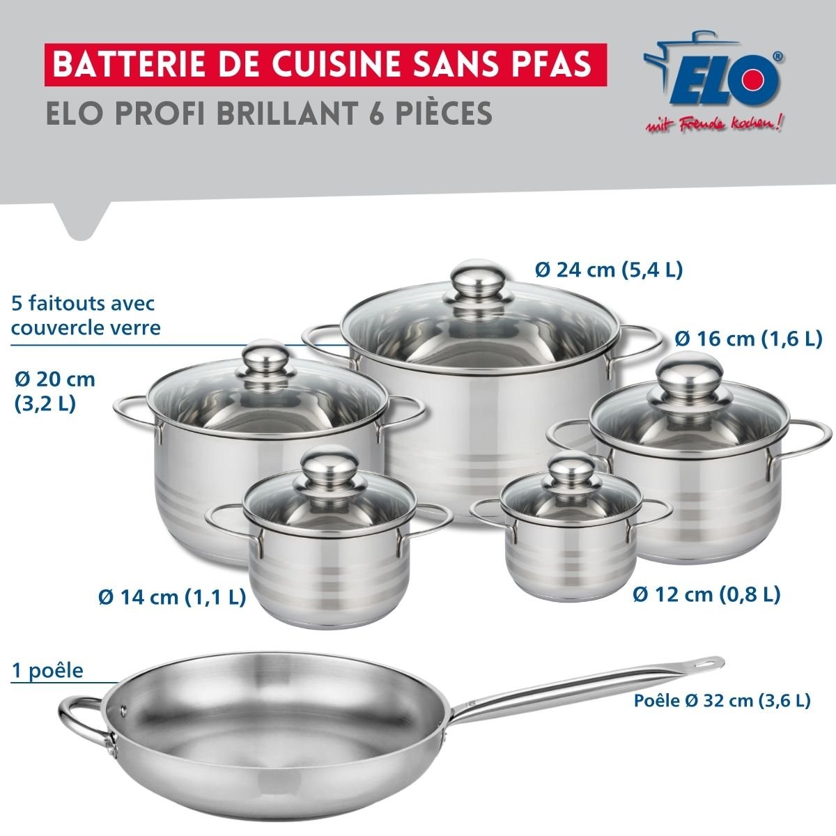 1 poêle 32cm + 5 faitouts 12/14/16/20/24cm PROFI BRILLANT gris, ELO