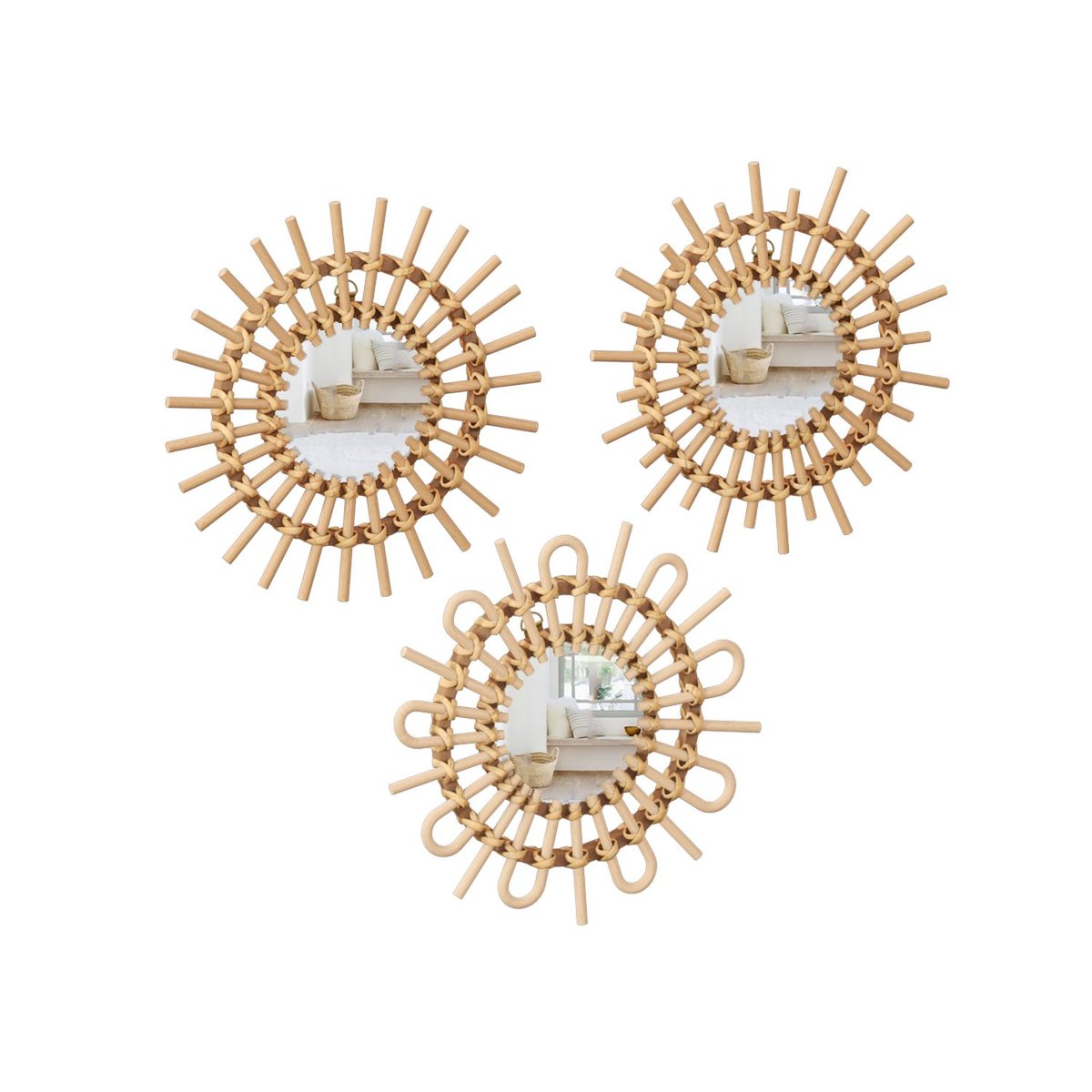 Ensemble de 3 miroirs soleil en rotin AIDA beige, ATMOSPHERA