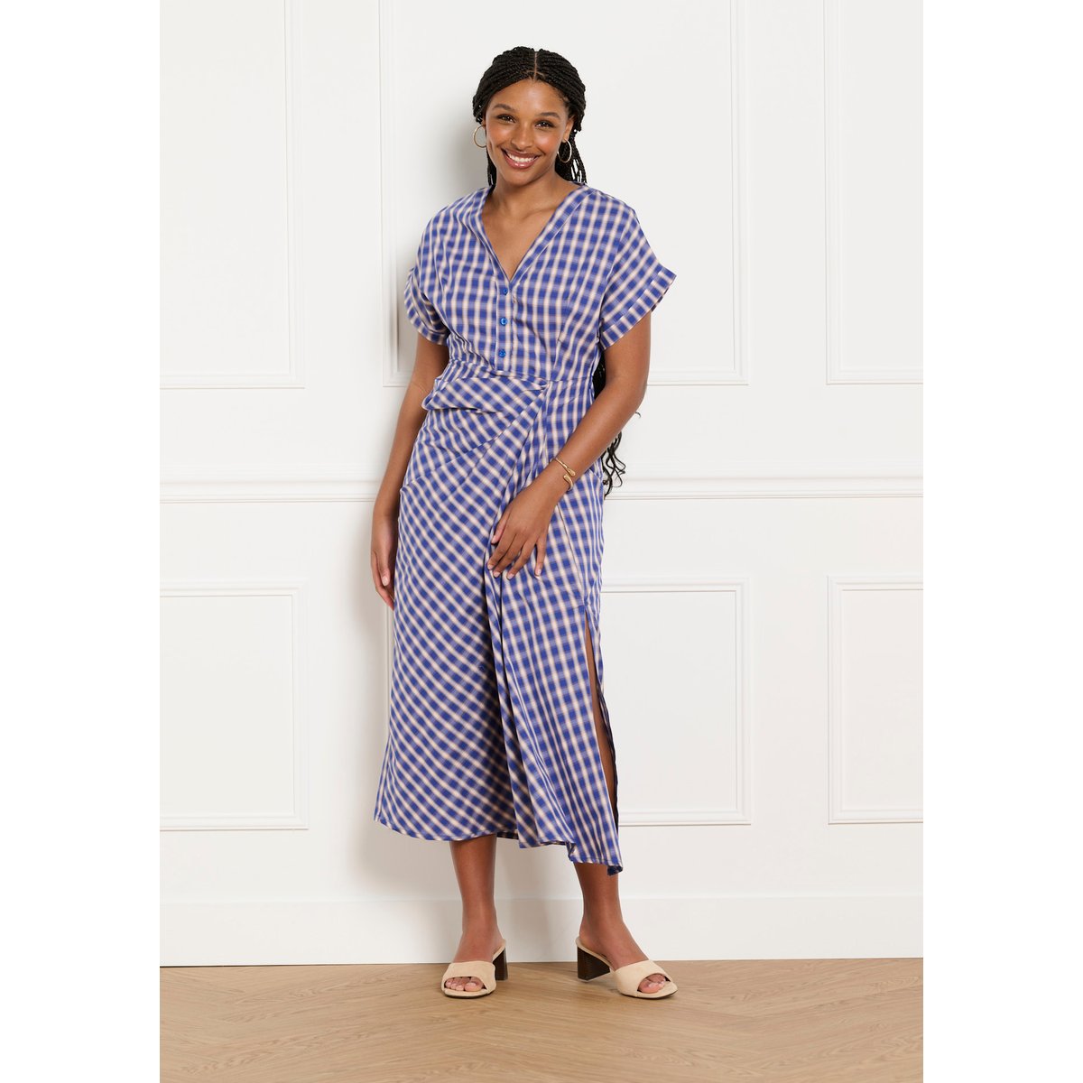 Robe midi drapée à carreaux bleu electrique, LOLALIZA
