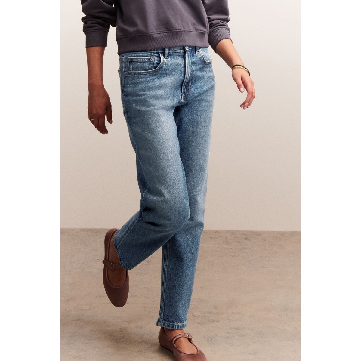 Jean mom stretch confortable jean bleu moyen, NEXT