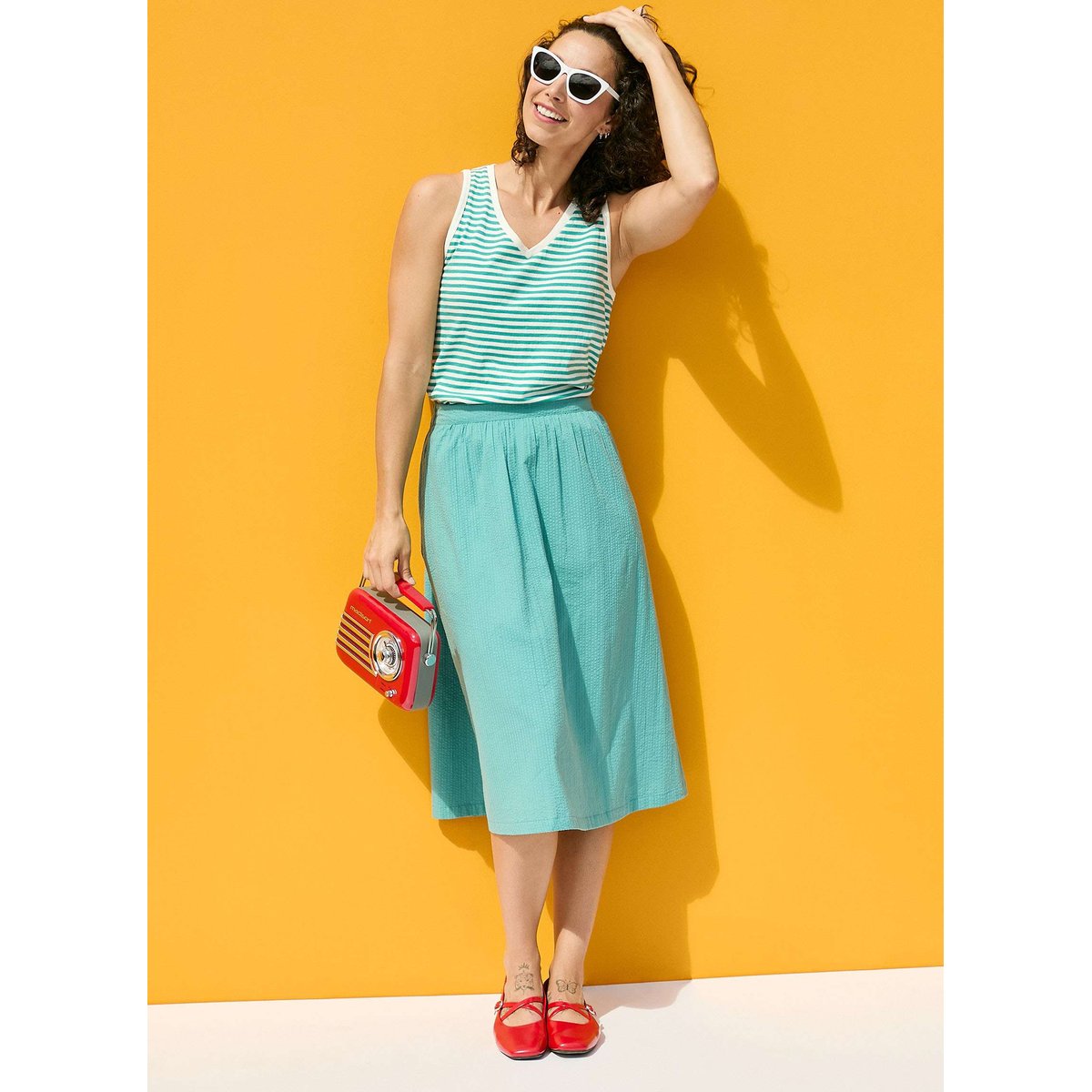 Jupe midi coton gaufré GAELA bleu turquoise gaela, PRINCESSE NOMADE