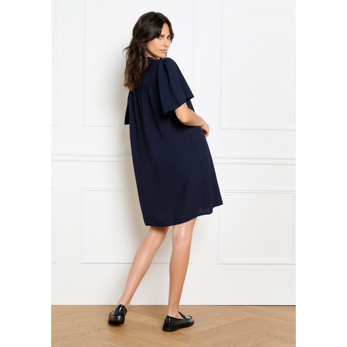 Robe chemise fluide manches papillon bleu marine, LOLALIZA