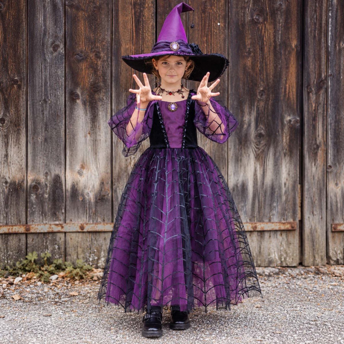 Déguisement enfant – Robe sorcière araignée violet, GREAT PRETENDERS