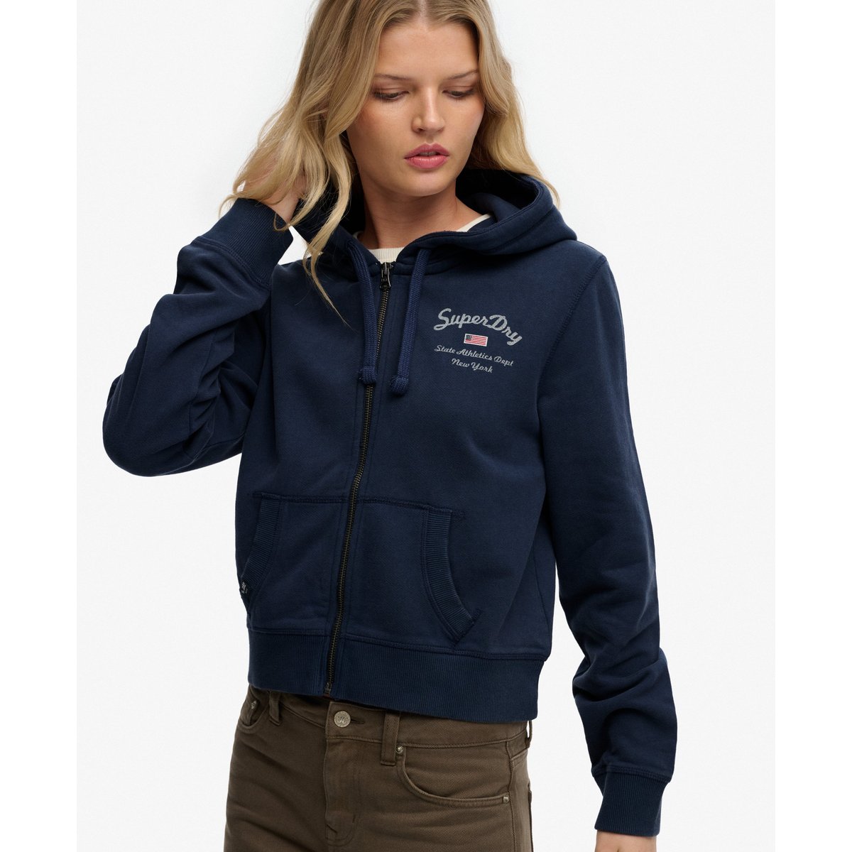 Sweat à capuche zippé court Athletic Essentials bleu marine lauren, SUPERDRY