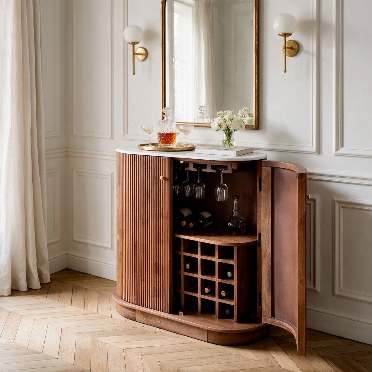 Meuble bar en bois de manguier et en marbre ELVINA couleur unique, MADE IN MEUBLES