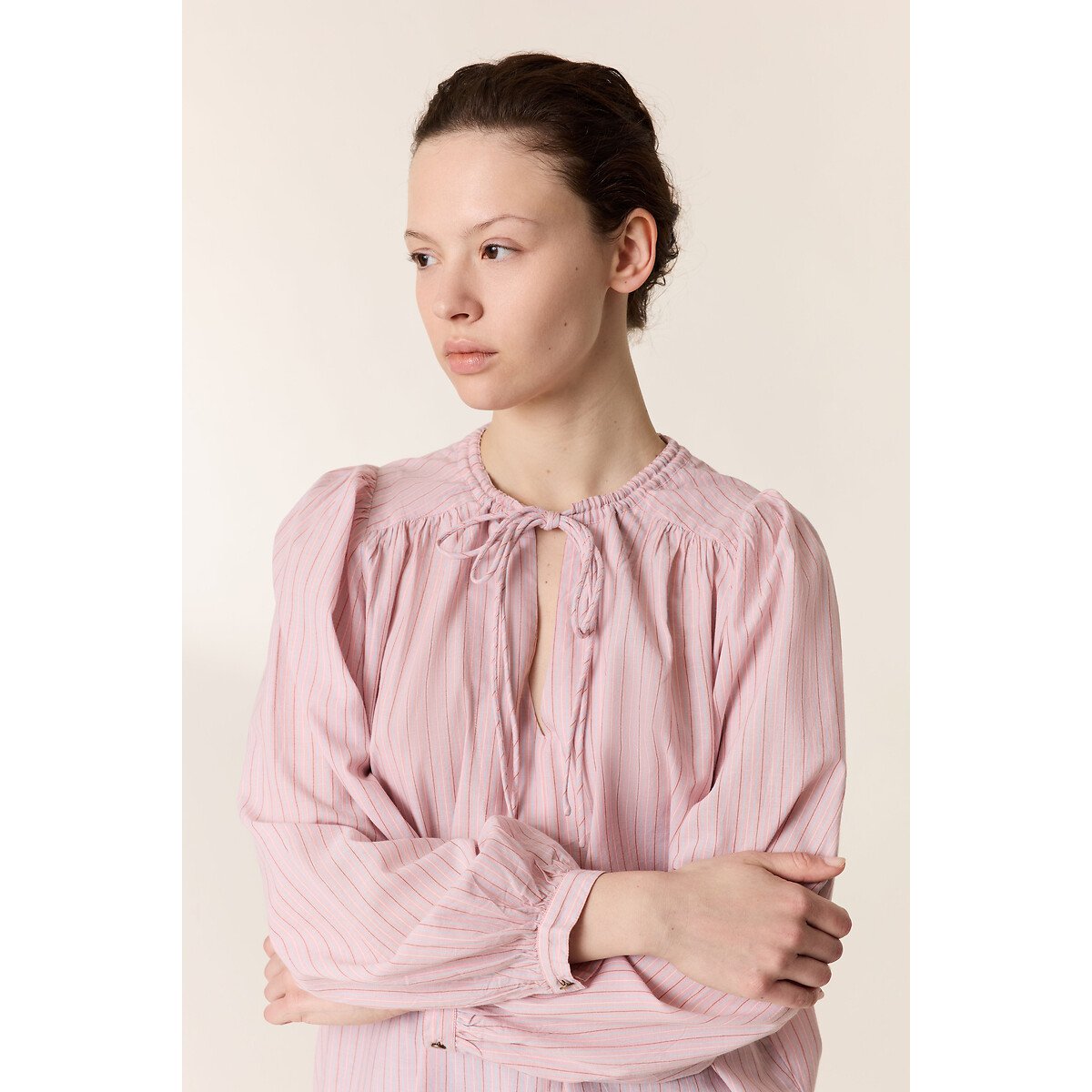 Blouse rayée col rond manches longues, CEM rose, LEON & HARPER