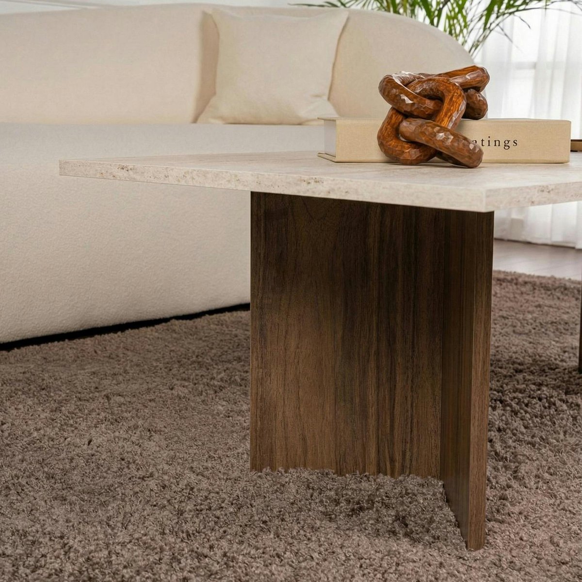 Table basse rectangulaire- pieds V MARFA travertin et noyer, PIER IMPORT