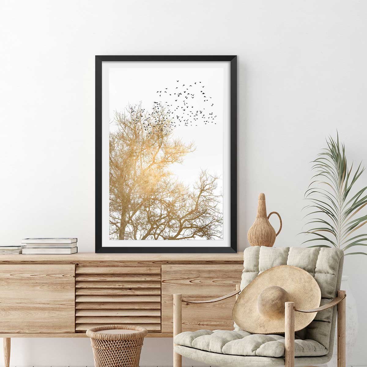 Affiche dessin ""Ciel d'or"" affiche + cadre en bois - noir, HEXOA