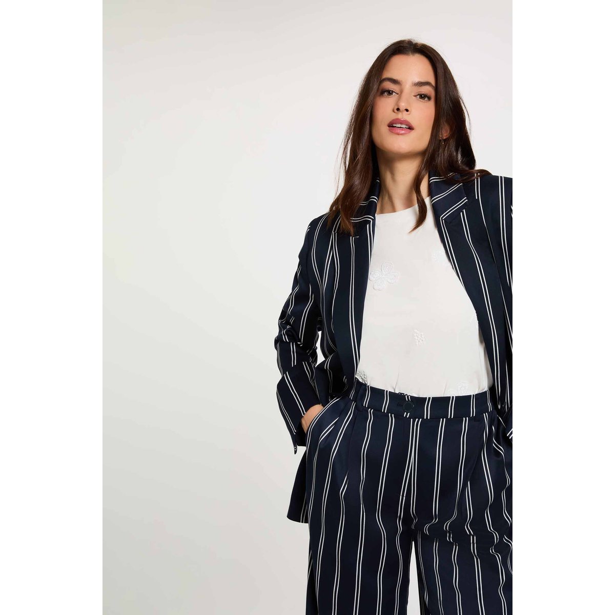 Blazer rayé col tailleur bleu marine, MORGAN