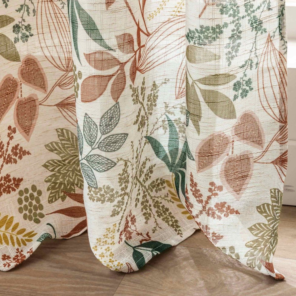 Rideau à œillets polylin imprimé feuilles tamisant orange, DOUCEUR D'INTÉRIEUR