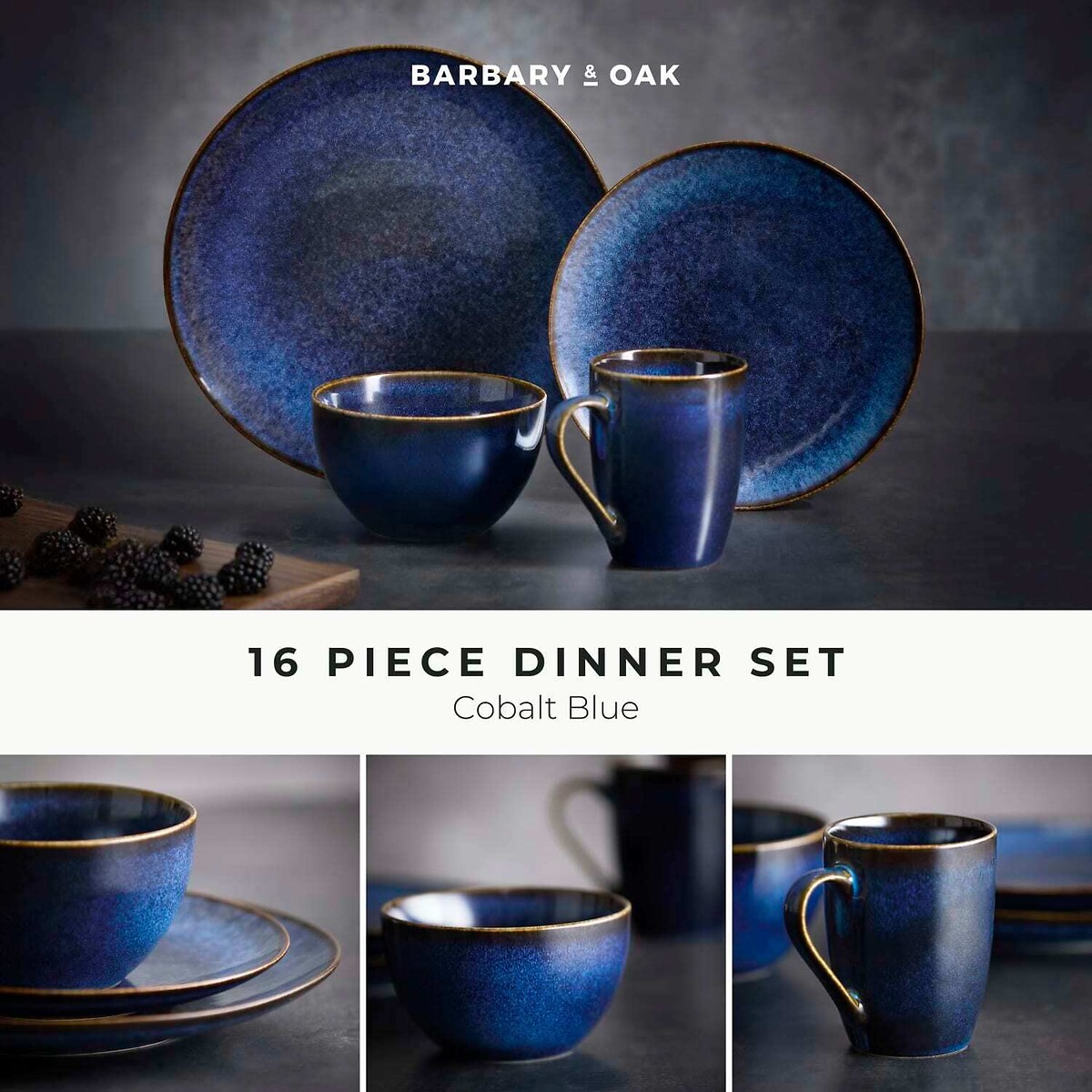 16-Piece Reactive Glaze Stoneware Dinner Set blue, BARBARY & OAK