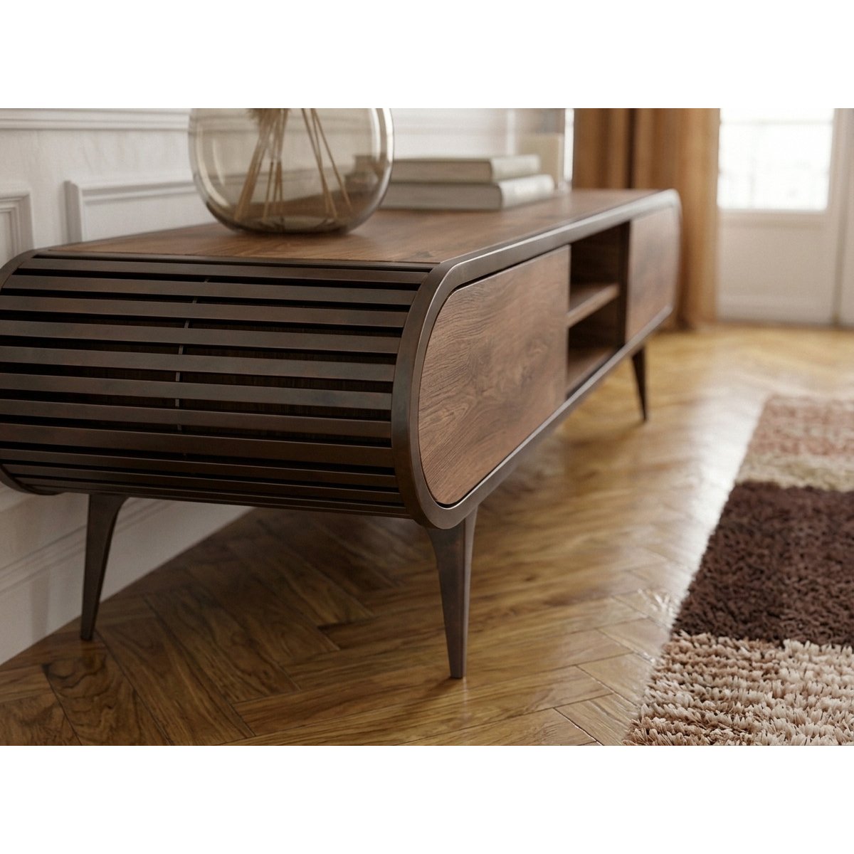 Meuble TV 180 cm mélaminé, BILLIE marron clair, BOBOCHIC