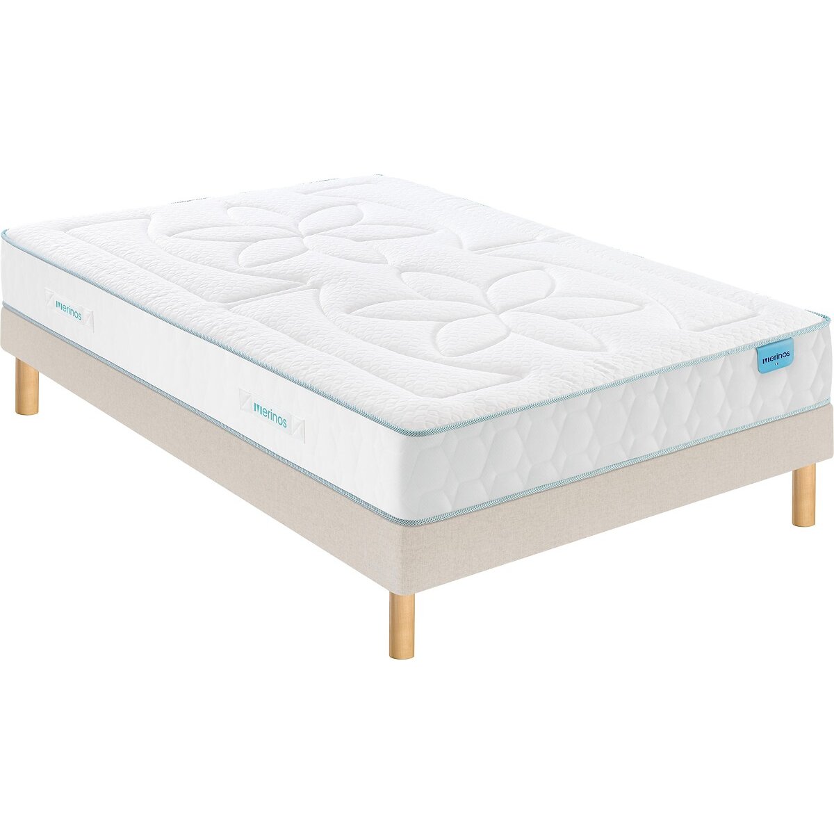 Set di materasso in lattice, supporto e rete a doghe rivestite, COZY GREEN 2 tissé sable blanc, MERINOS