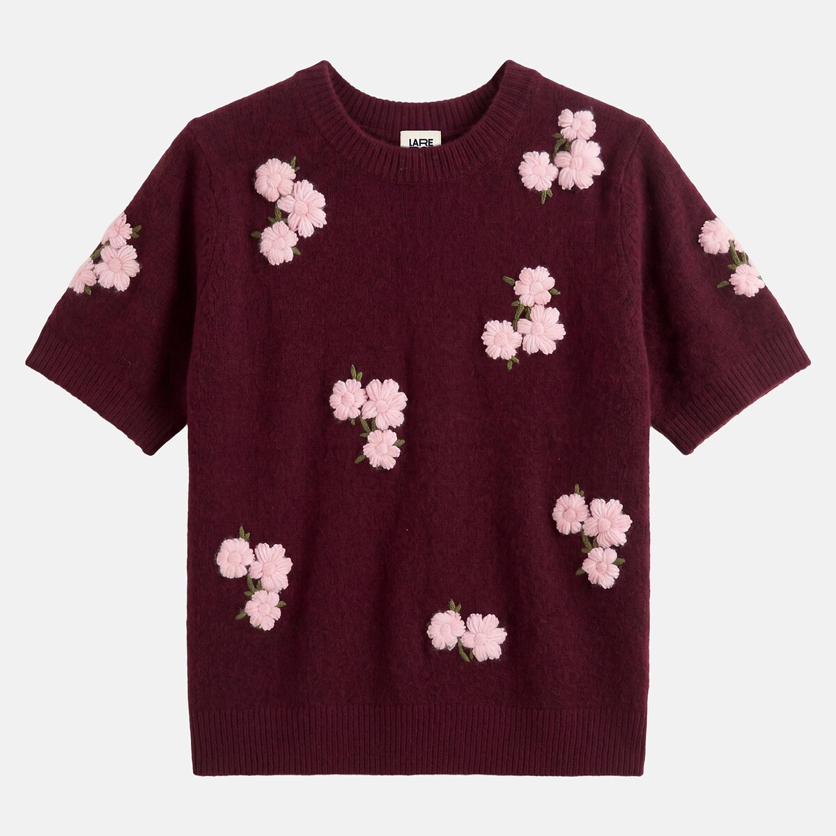 Maglia a collo rotondo e maniche corte con ricami floreali rosso bordeaux, LA REDOUTE COLLECTIONS