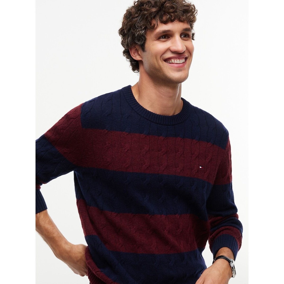 Wool Cable Knit Jumper with Crew Neck burgundy/navy blue, TOMMY HILFIGER