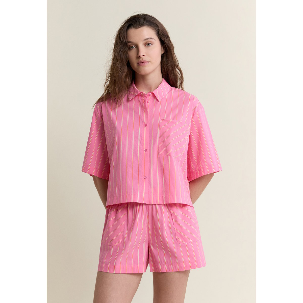 Chemise manches courtes de pyjama à rayures avec coton SAONA imp fond rose, ETAM