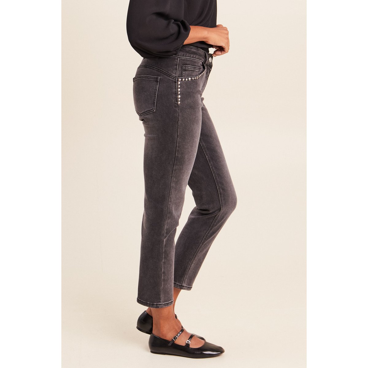 Jean droit 7/8ème taille basculée denim gris, BREAL