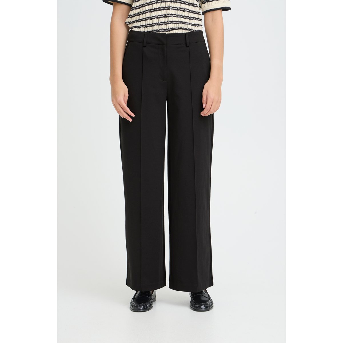 Pantalon coupe droite, jambes larges, taille haute noir, ICHI