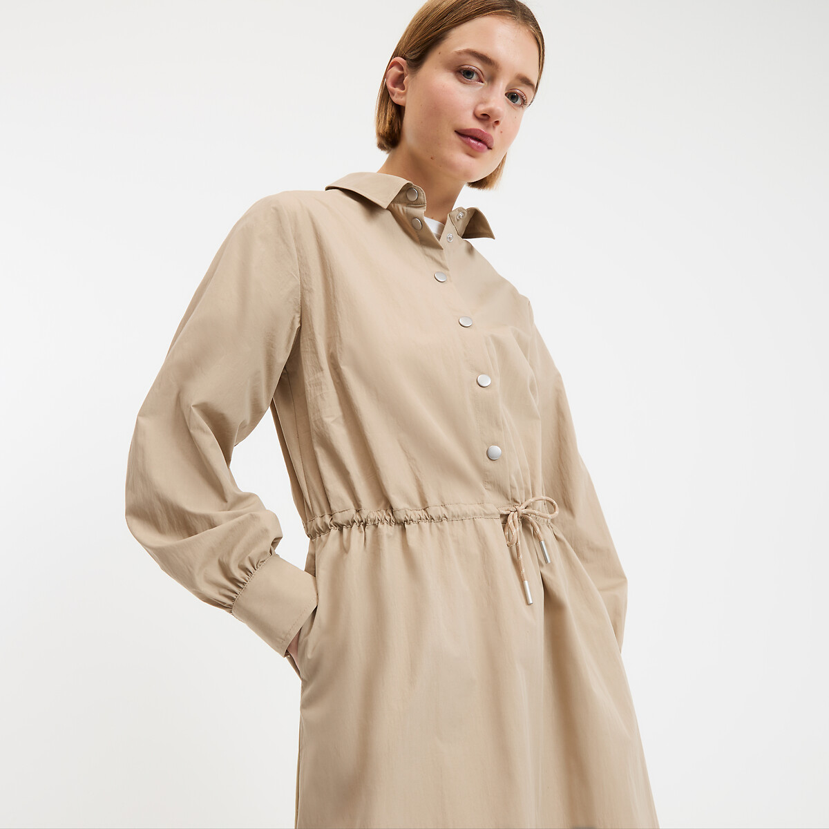 Robe courte manches longues à taille coulissée beige, LA REDOUTE COLLECTIONS