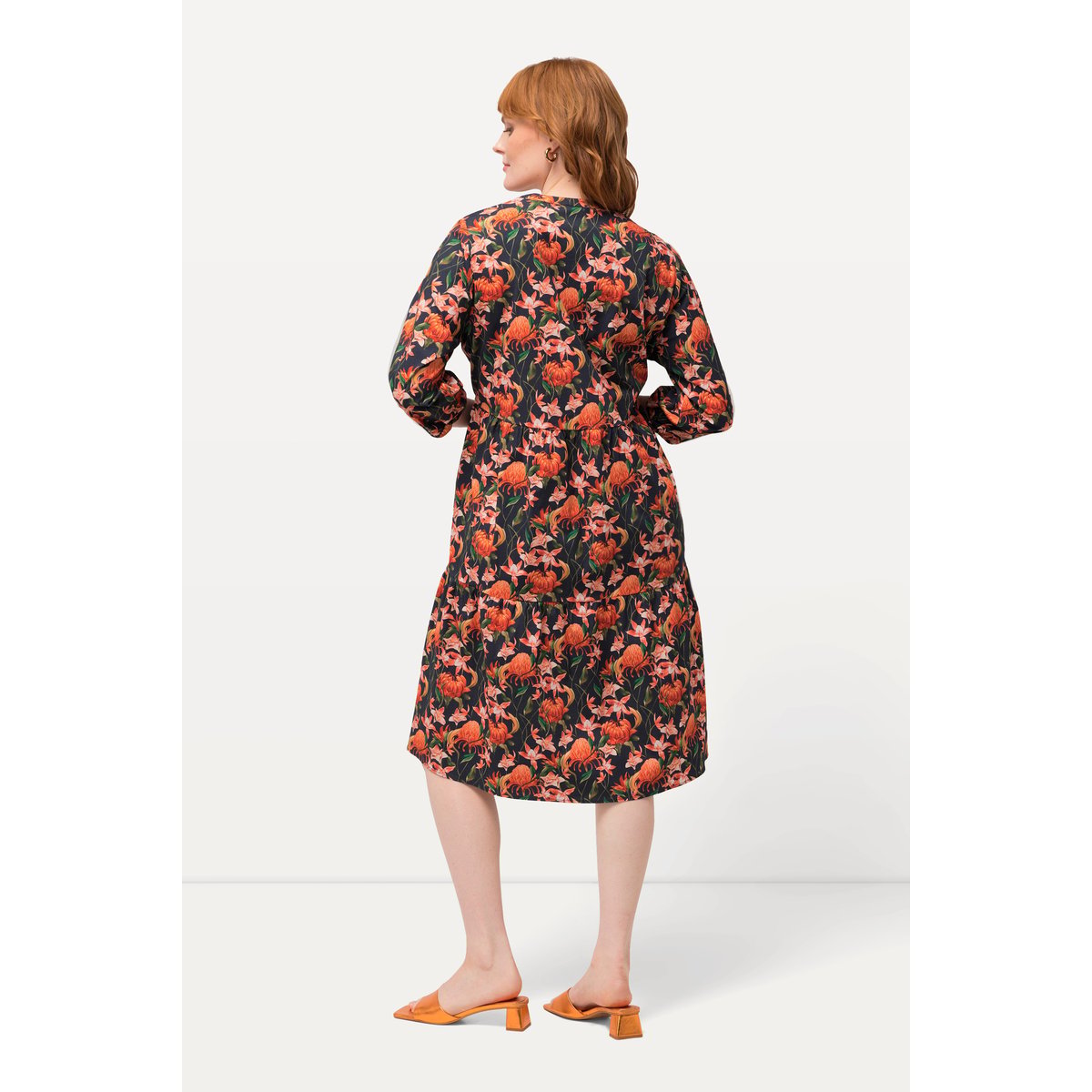 Robe tunique, magnolias, coupe évasée, col V marine, ULLA POPKEN