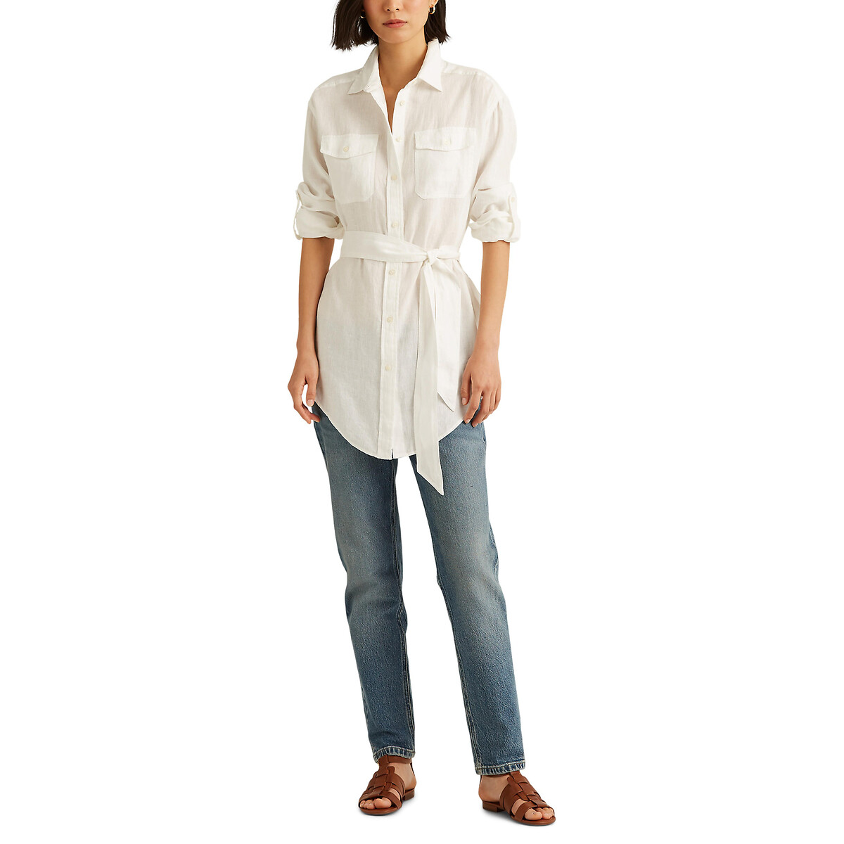 Lang hemd met strikceintuur en lange mouwen CHADWICK wit, LAUREN RALPH LAUREN
