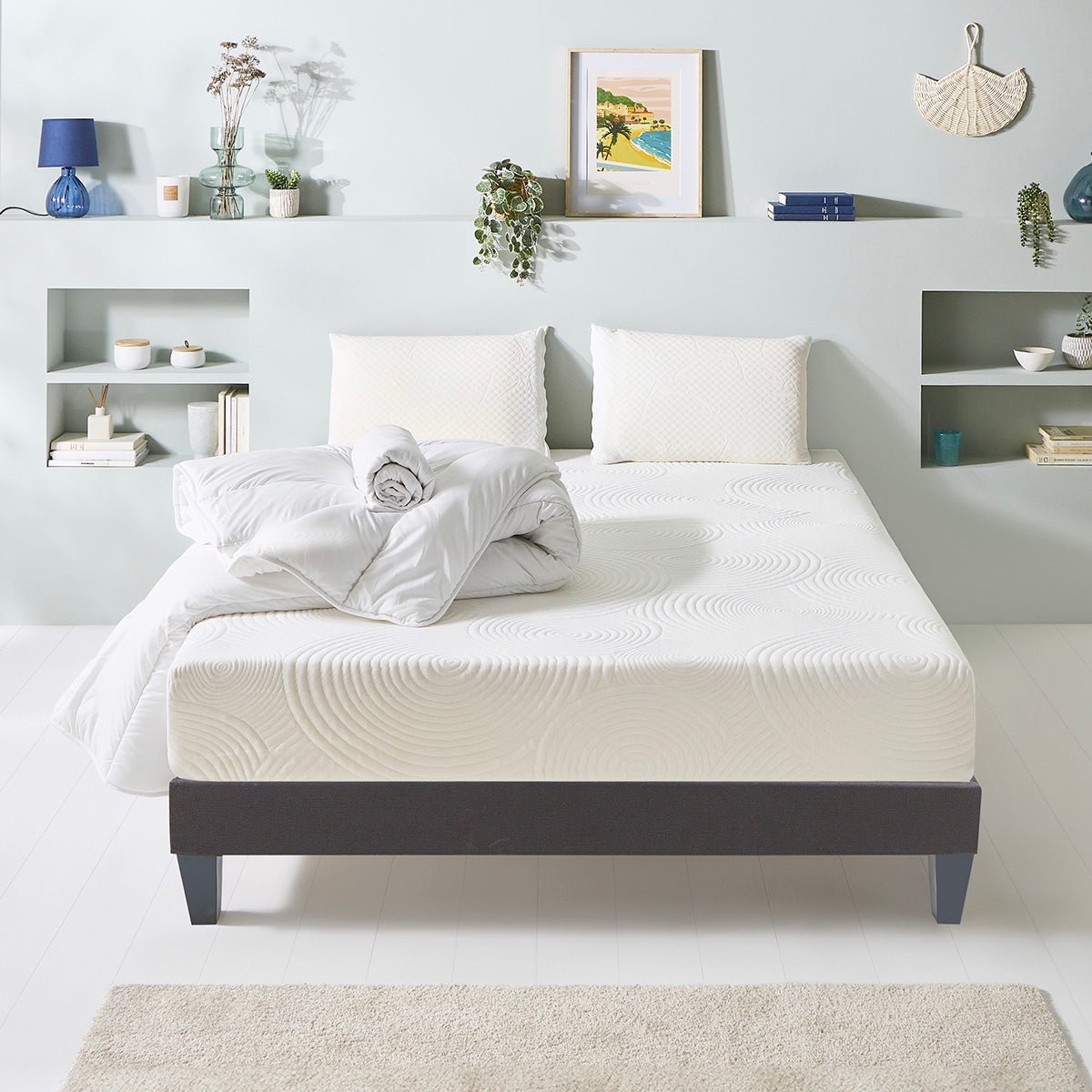 Pack Vosges 180x200 cm Matelas Mousse + Sommier Bois + Accessoires blanc, BELLECOUR