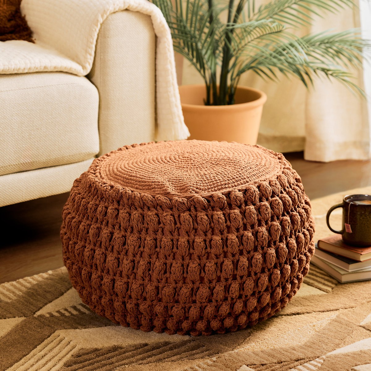 Pouf repose-pieds rond en coton crochet main Oeko-Tex® - RIVA terracotta, ICON