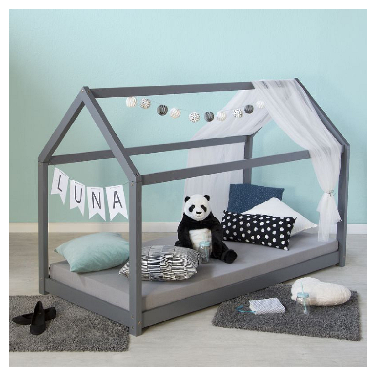 Lit enfant 80x160 gris cabane matelas couleur unique, HOMESTYLE4U