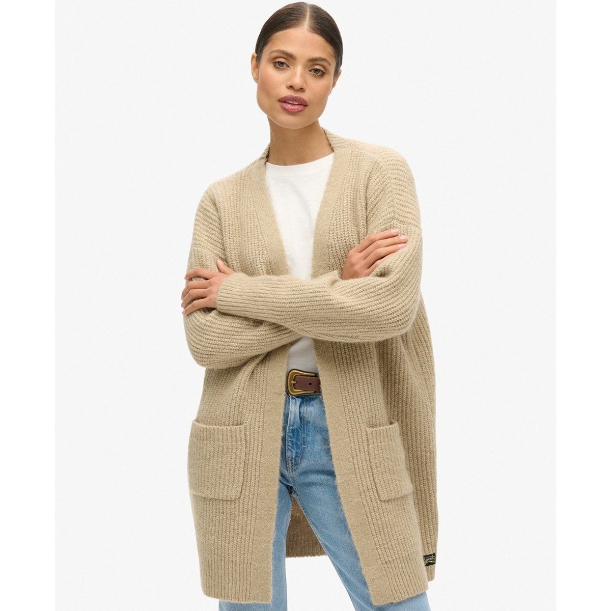 Cardigan long en maille Essential marron caramel, SUPERDRY