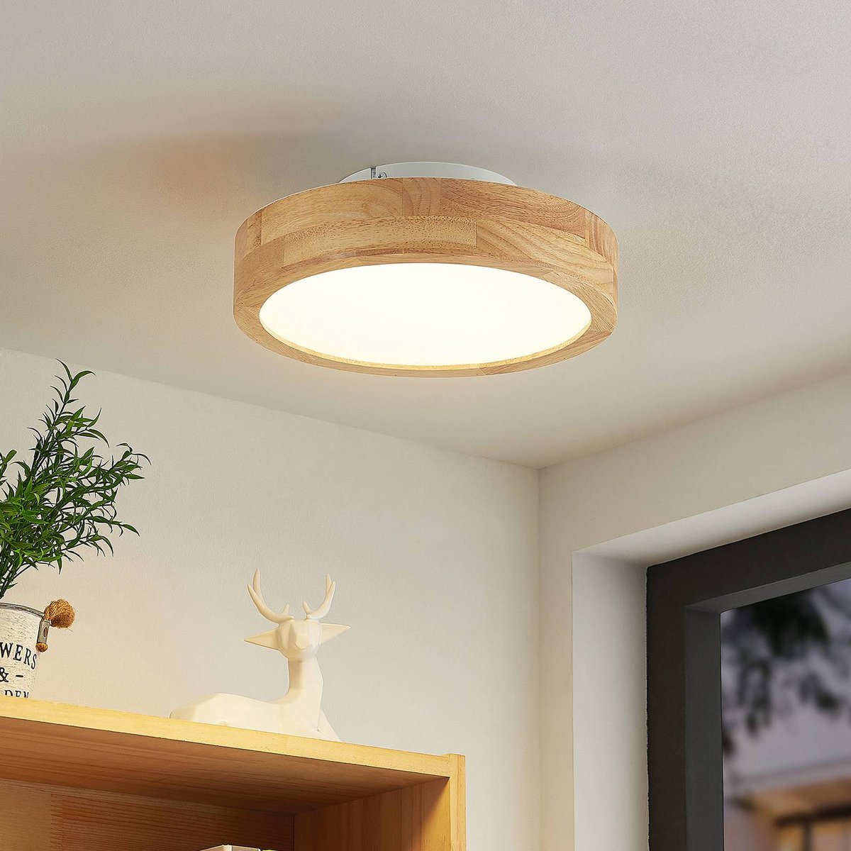 Plafonnier en bois moderneLED, Lanira bois clair, blanc, LINDBY